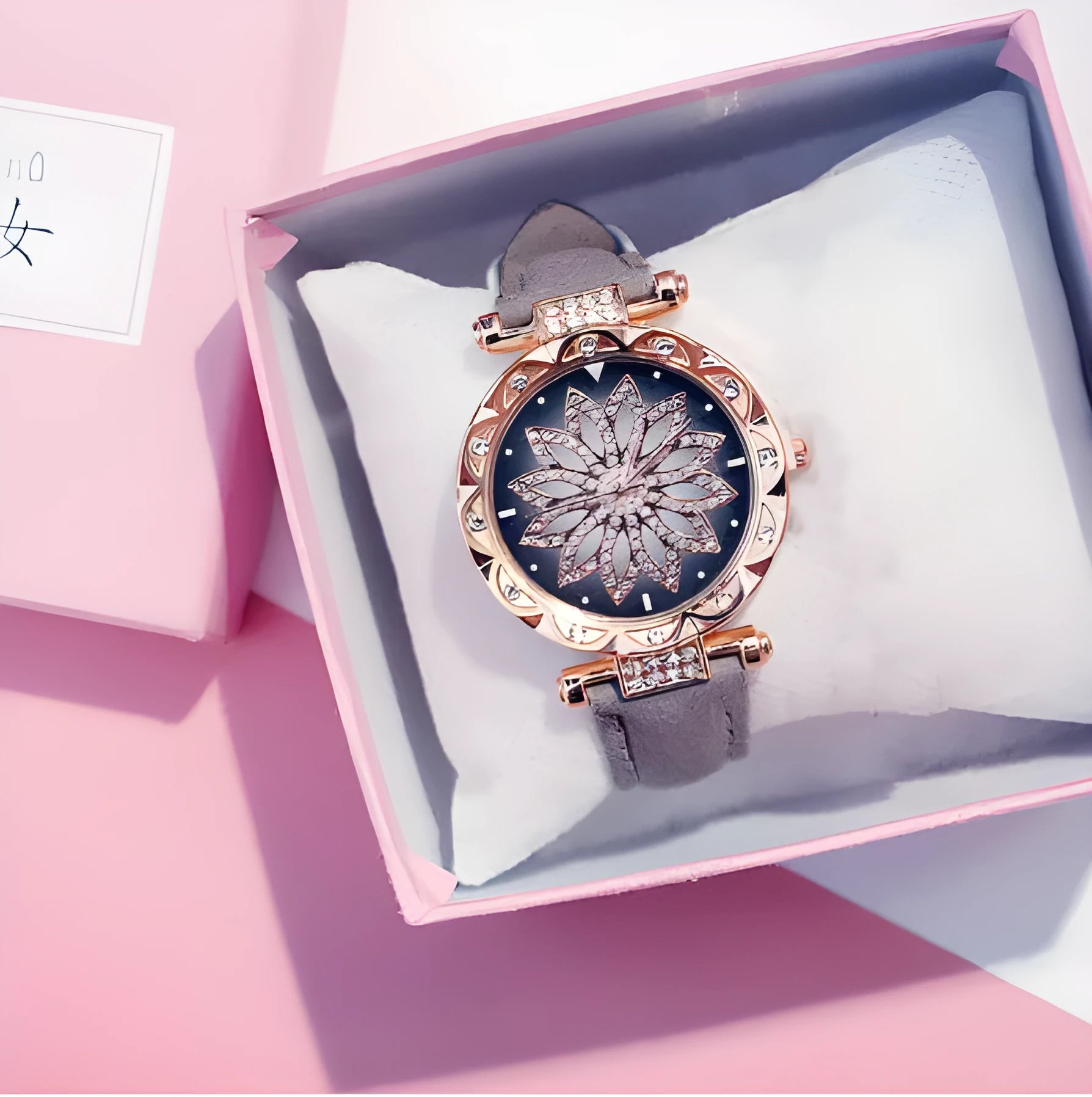 Women's diamond dial watch with round 32mm face, PU case, and pin buckle clasp in multiple colour options.