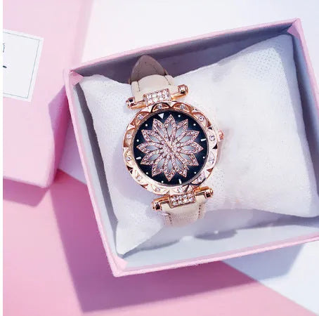 Women's diamond dial watch with round 32mm face, PU case, and pin buckle clasp in multiple colour options.