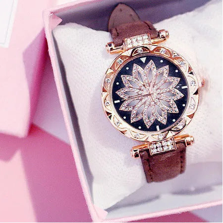 Women's diamond dial watch with round 32mm face, PU case, and pin buckle clasp in multiple colour options.