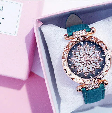 Women's diamond dial watch with round 32mm face, PU case, and pin buckle clasp in multiple colour options.