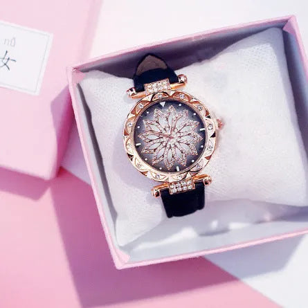 Women's diamond dial watch with round 32mm face, PU case, and pin buckle clasp in multiple colour options.