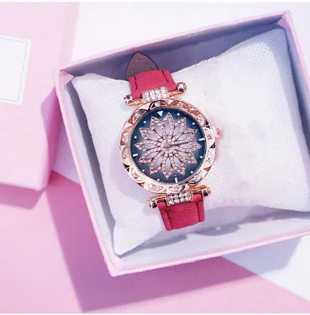Women's diamond dial watch with round 32mm face, PU case, and pin buckle clasp in multiple colour options.