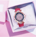 Women's diamond dial watch with round 32mm face, PU case, and pin buckle clasp in multiple colour options.