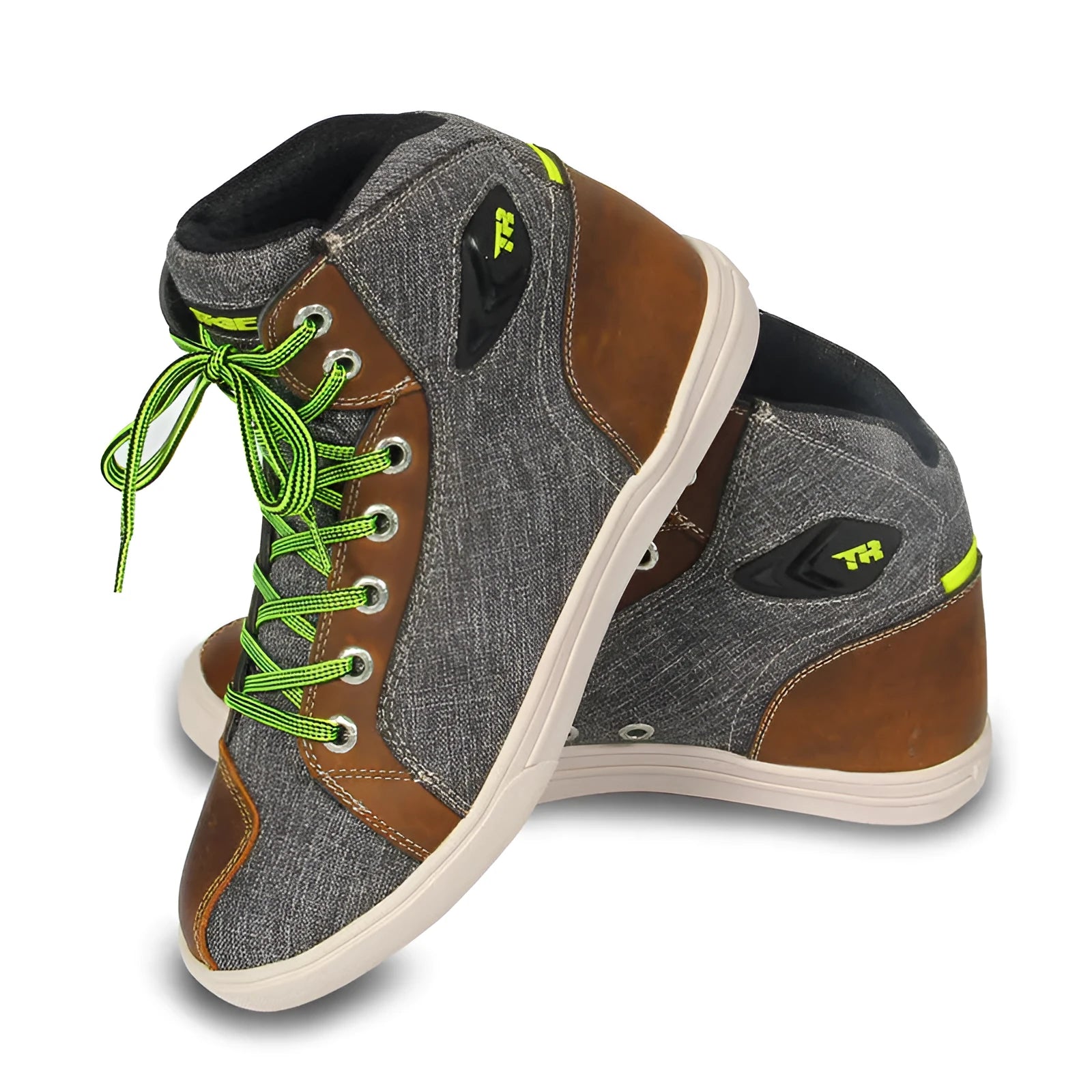 Black and grey motorcycle riding shoes showing short boot design with anti-fall sole pattern