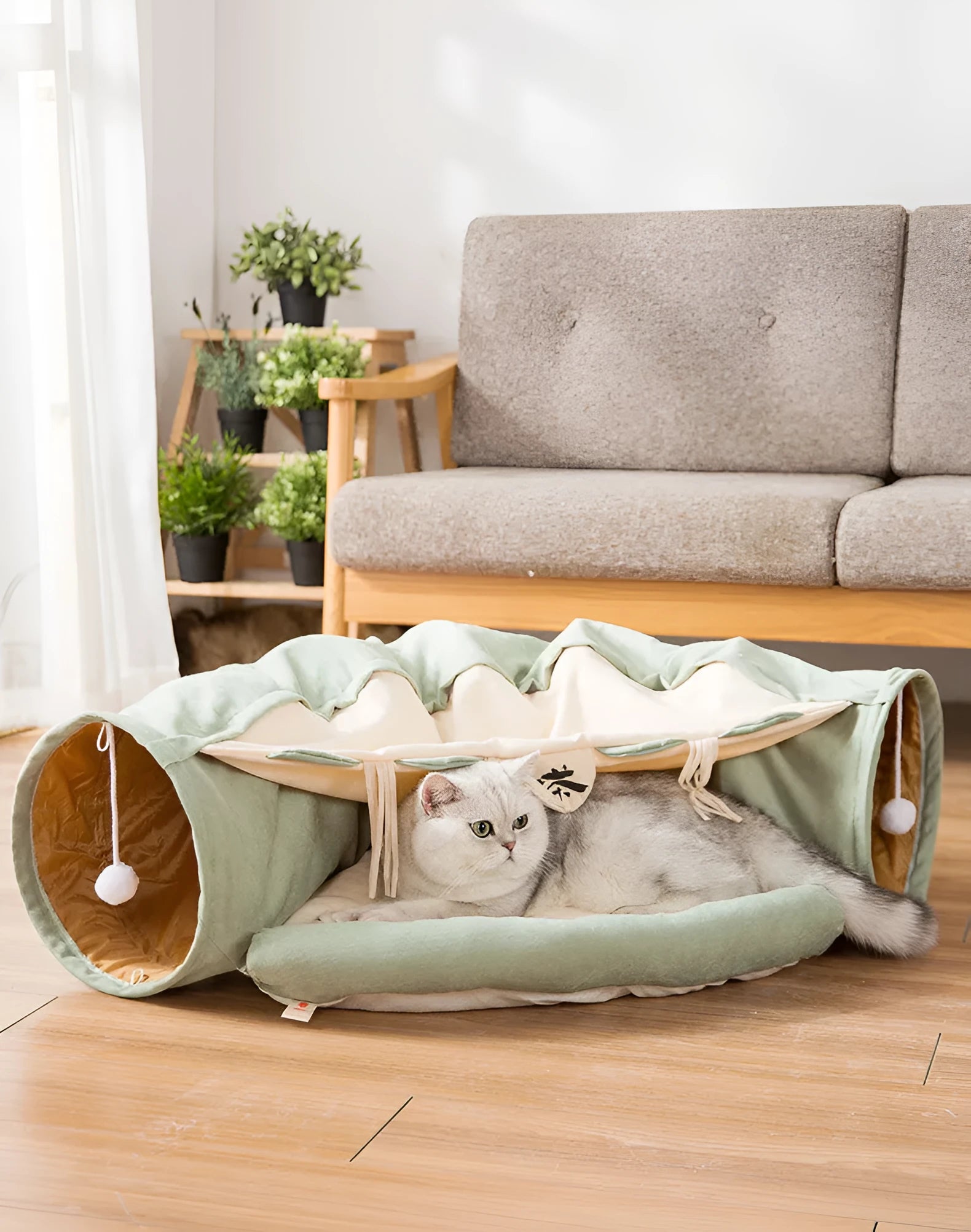 Collapsible cloth cat tunnel shown in one of four colours: Bar, Coffee, Matcha, or Pink