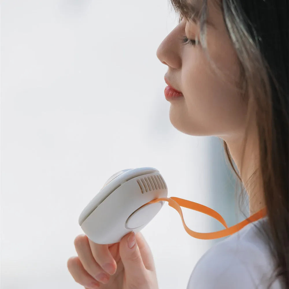 White hanging neck USB fan with 1200mAh battery and three speed settings