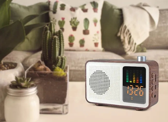 Brown retro Bluetooth speaker with vintage radio design and control knobs