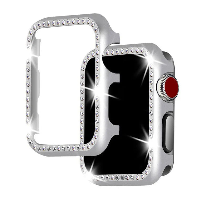 Silver electroplated metal alloy diamond frame case for Apple Watch 40mm showing precise cutouts