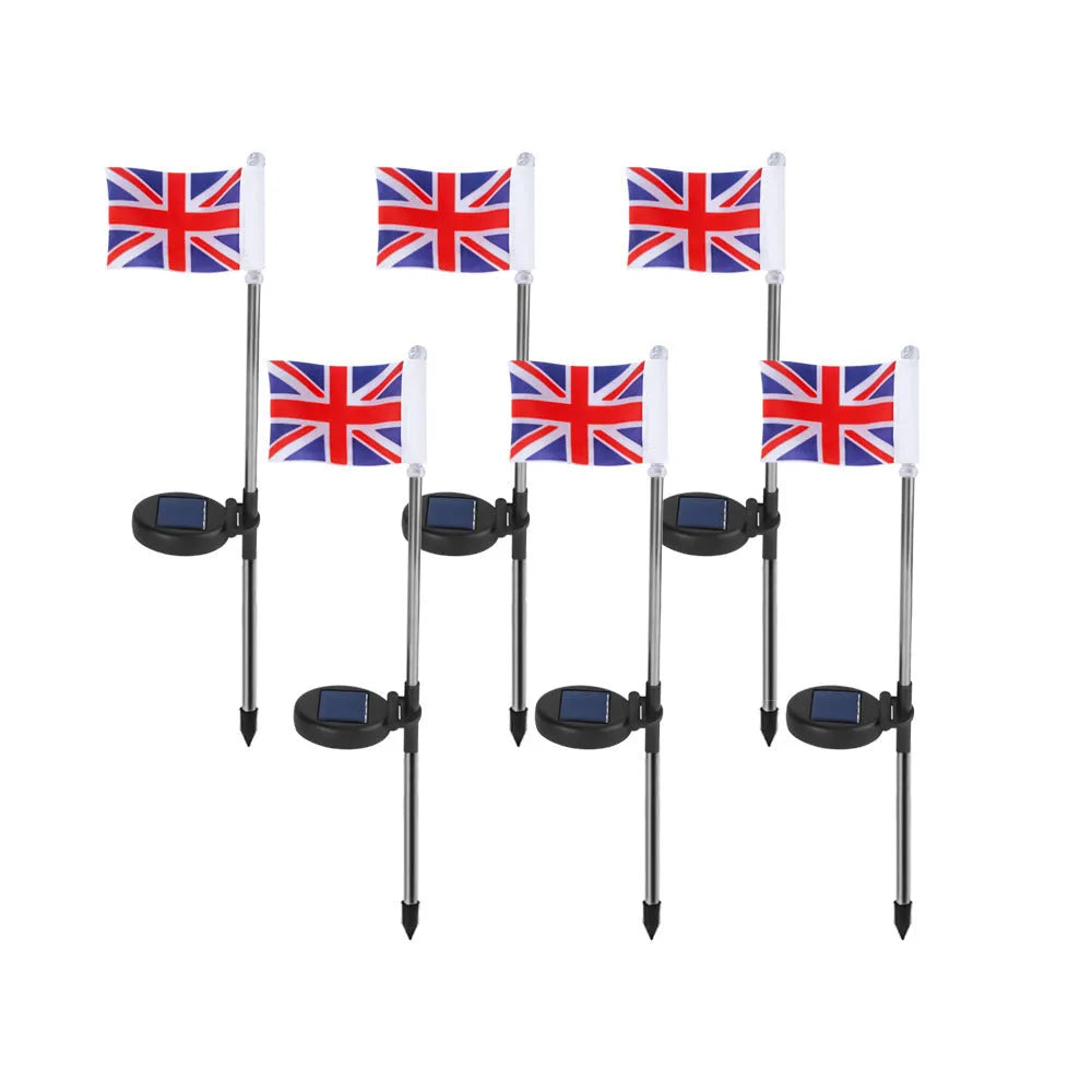 Solar garden flag light with stainless steel pole showing either American or British flag design.