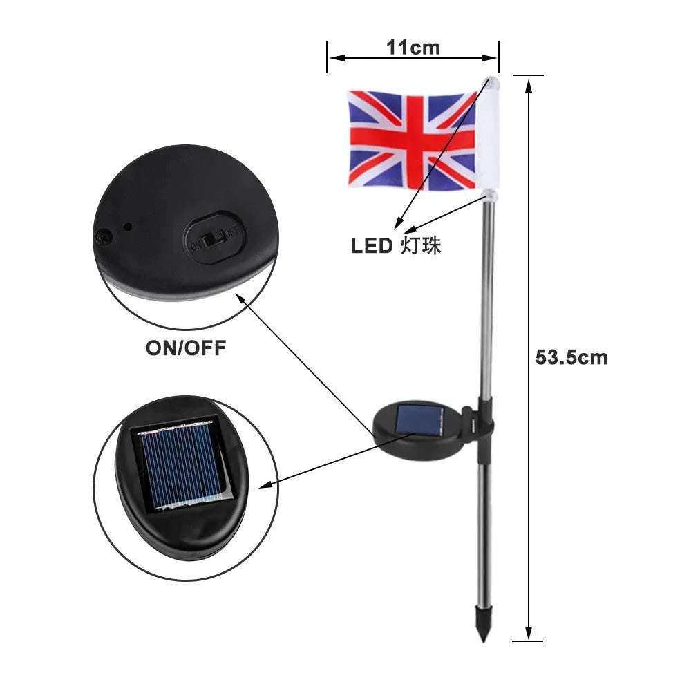 Solar garden flag light with stainless steel pole showing either American or British flag design.