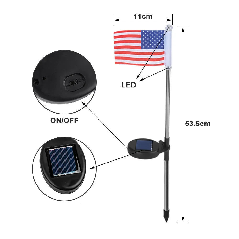 Solar garden flag light with stainless steel pole showing either American or British flag design.