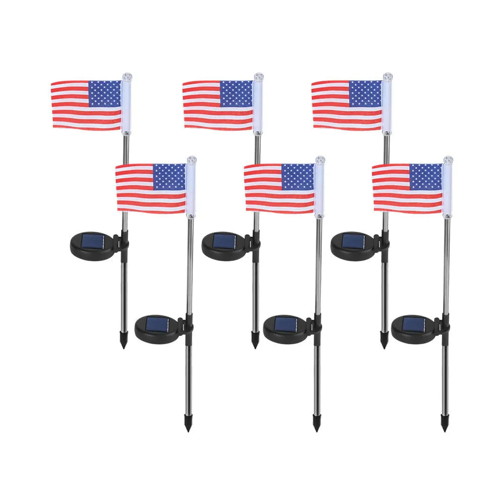 Solar garden flag light with stainless steel pole showing either American or British flag design.