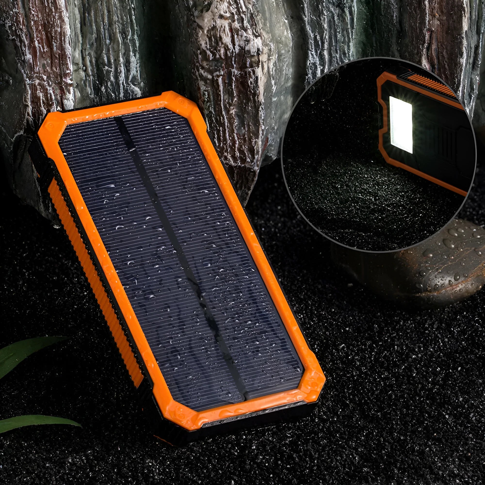 Orange 20000 mAh solar power bank showing multiple USB ports and solar panel