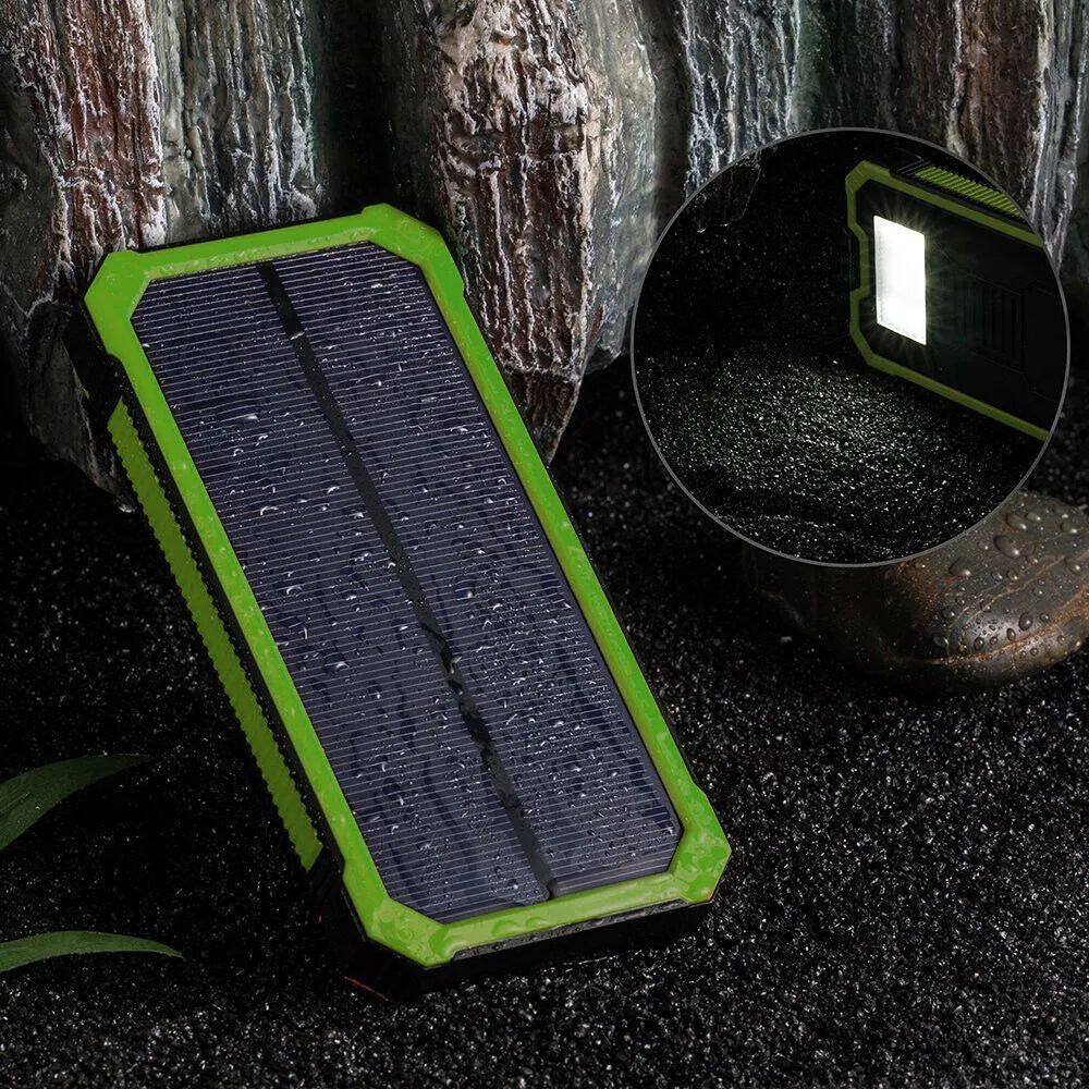 Orange 20000 mAh solar power bank showing multiple USB ports and solar panel