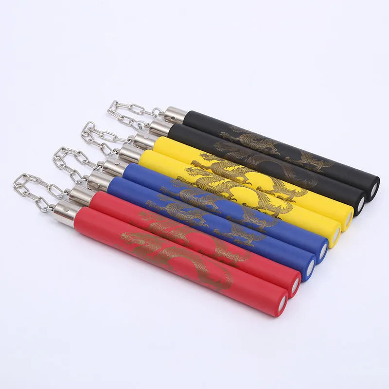Red blue yellow and black sponge nunchakus with 28cm sticks and 16cm iron chain for Taekwondo