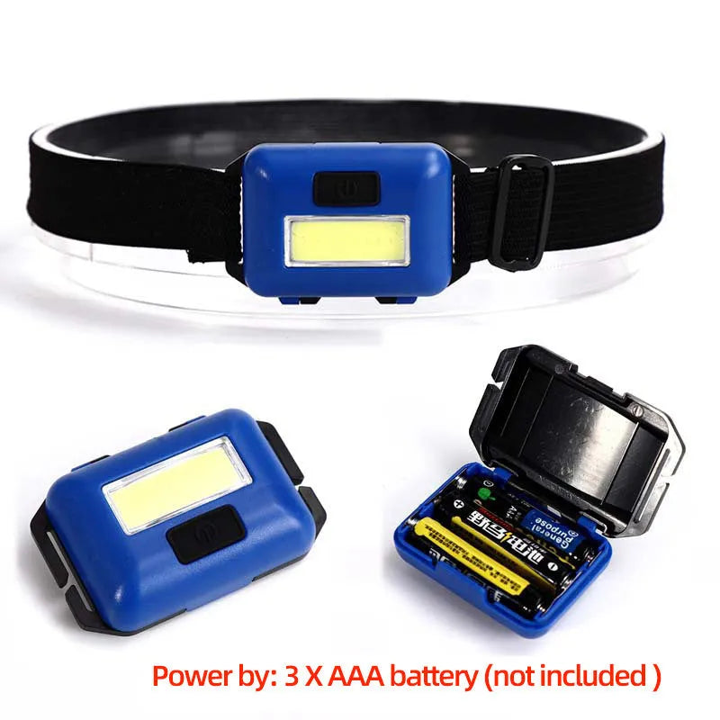 Black Mini COB LED headlight with adjustable polyester head strap, showing compact size.