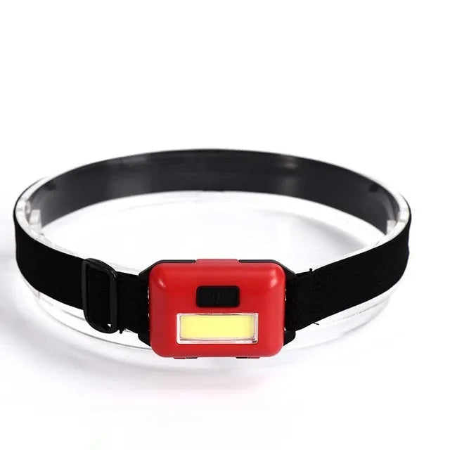 Black Mini COB LED headlight with adjustable polyester head strap, showing compact size.