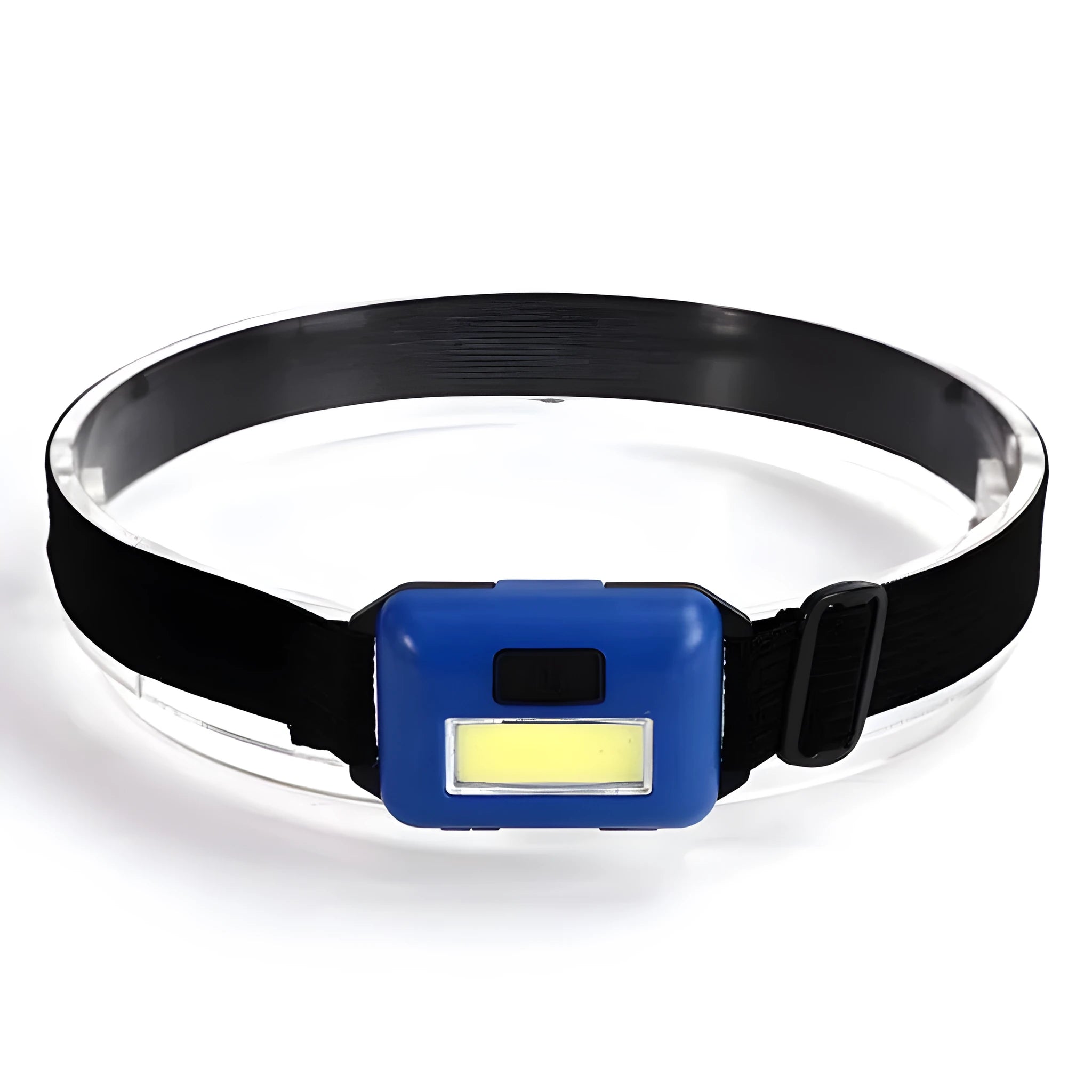 Black Mini COB LED headlight with adjustable polyester head strap, showing compact size.