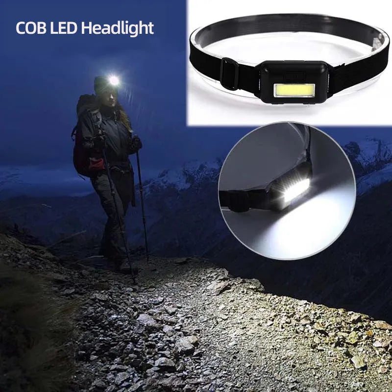 Black Mini COB LED headlight with adjustable polyester head strap, showing compact size.