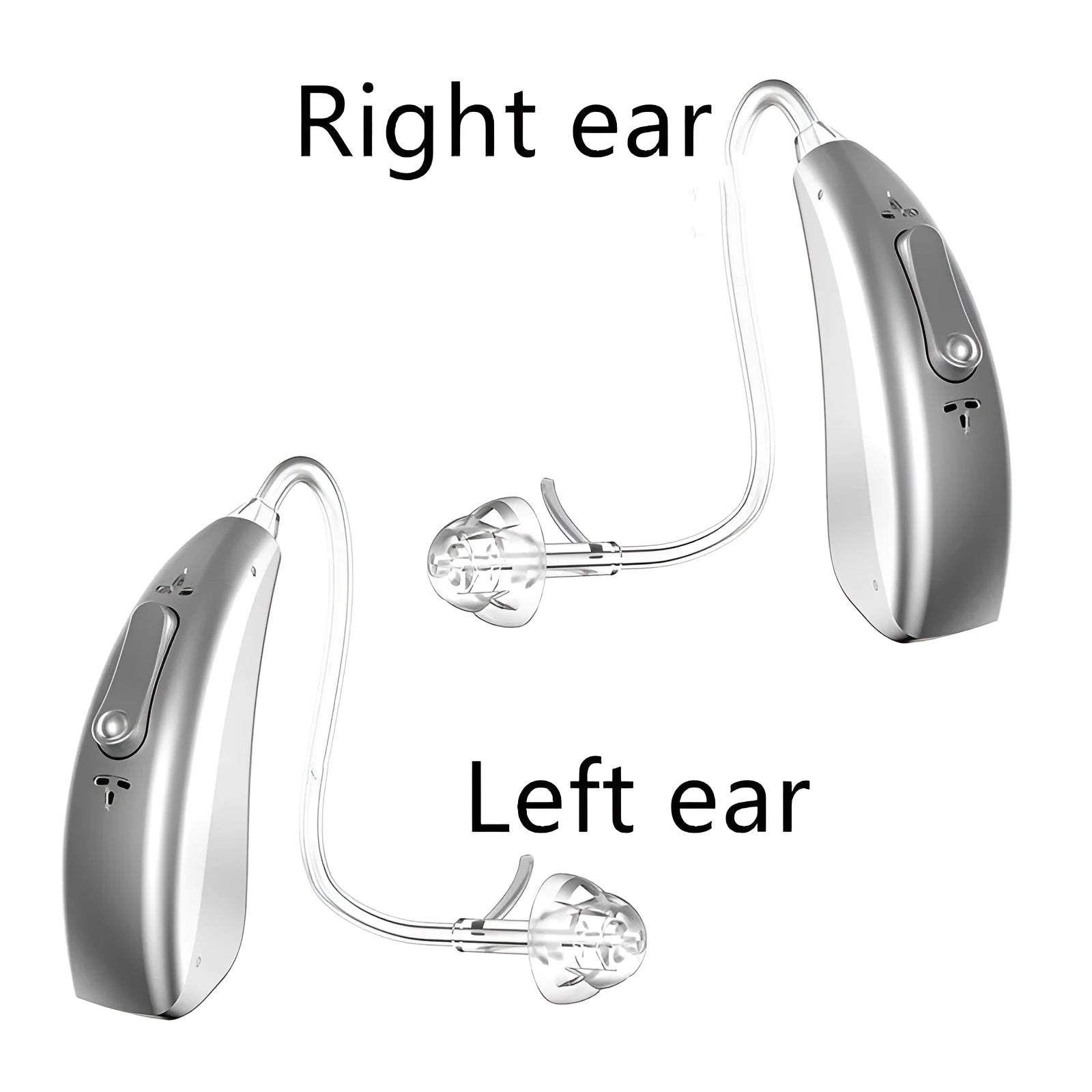 Rechargeable invisible hearing aid and USB charging case on a table.