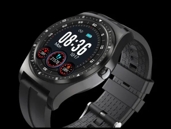 Full Circle smart watch with zinc alloy case and silicone strap showing heart rate and blood pressure monitoring interface