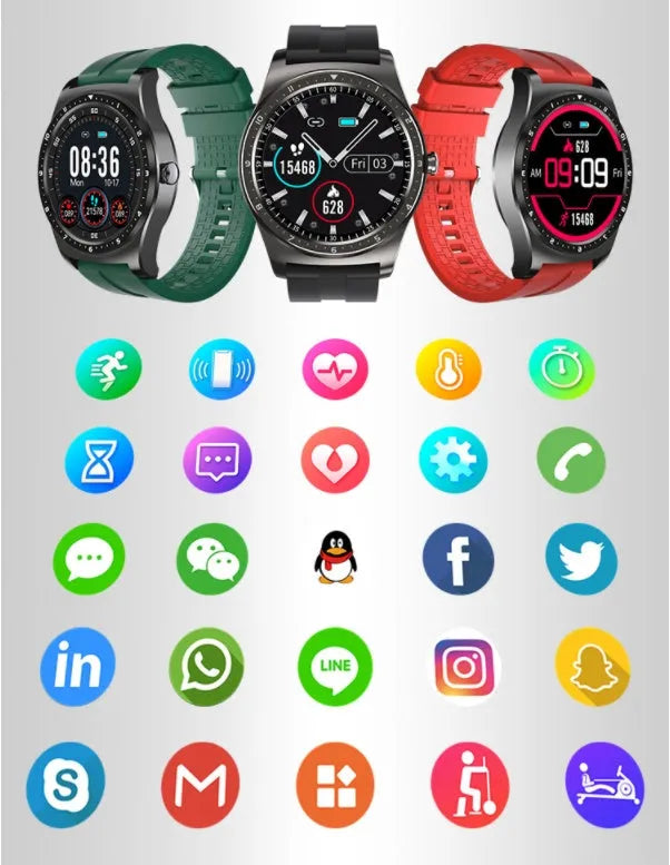 Full Circle smart watch with zinc alloy case and silicone strap showing heart rate and blood pressure monitoring interface