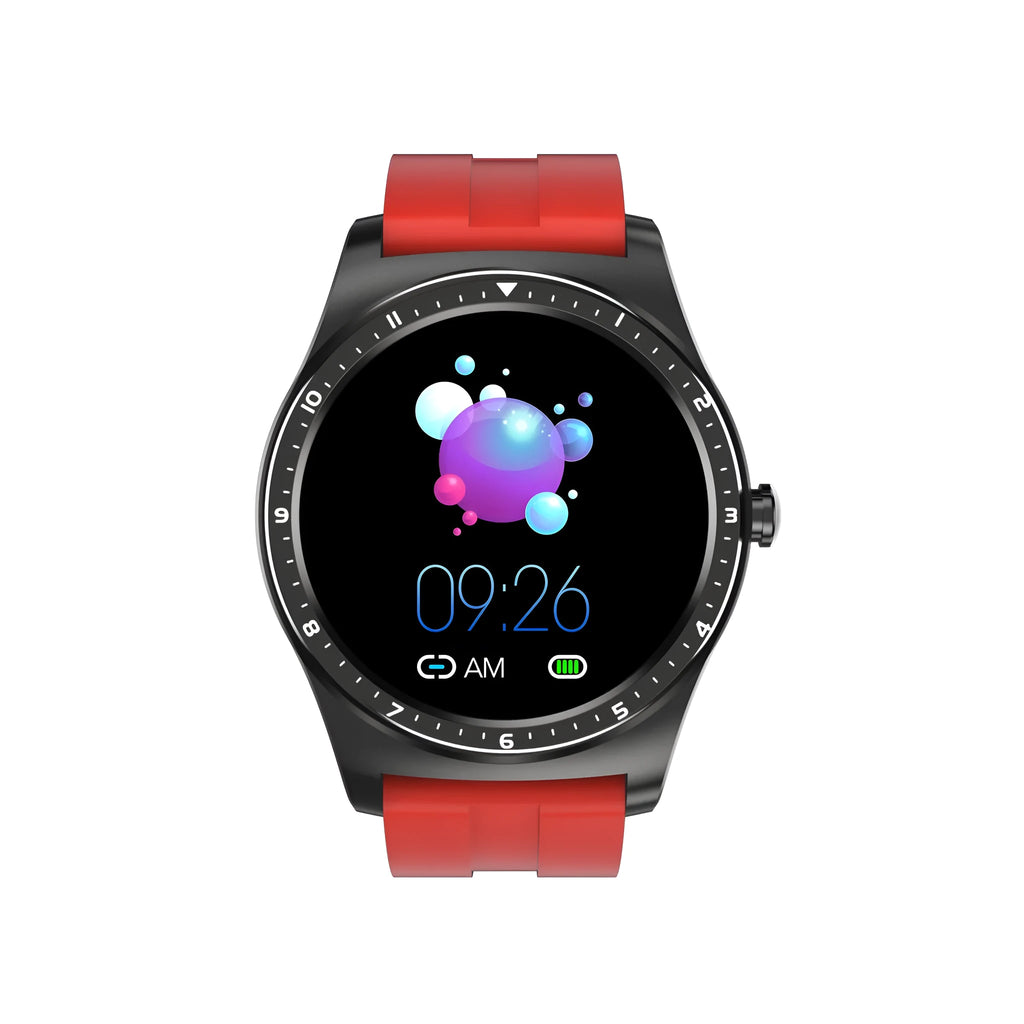 Full Circle smart watch with zinc alloy case and silicone strap showing heart rate and blood pressure monitoring interface