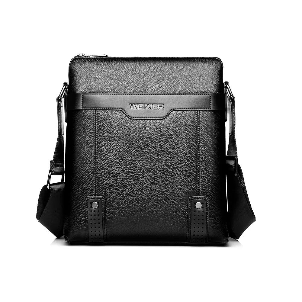 Medium black PU leather men's shoulder bag with square design and zipper closure