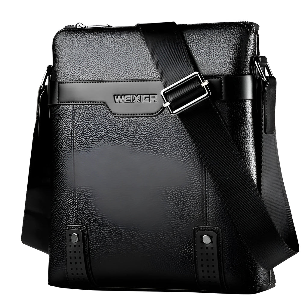 Medium black PU leather men's shoulder bag with square design and zipper closure