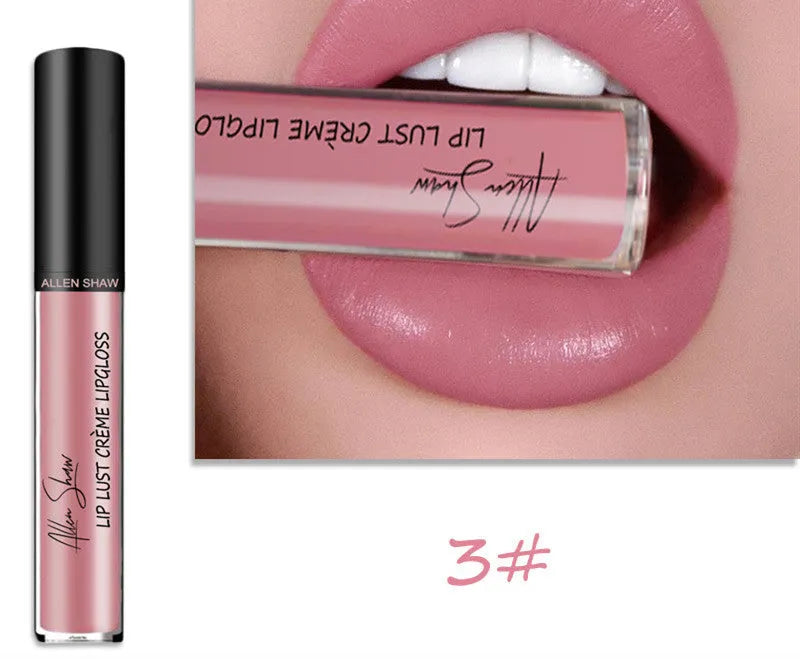 Silky cream texture lip gloss in a choice of 12 colours, shown with mineral-based ingredients.