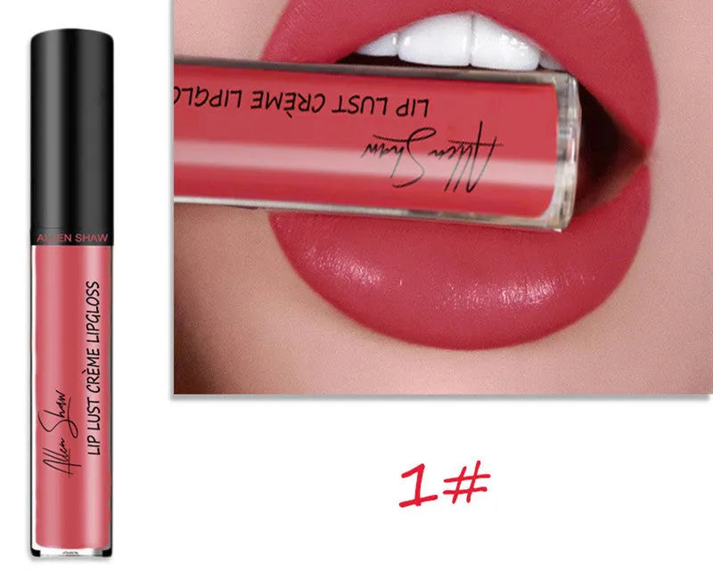 Silky cream texture lip gloss in a choice of 12 colours, shown with mineral-based ingredients.