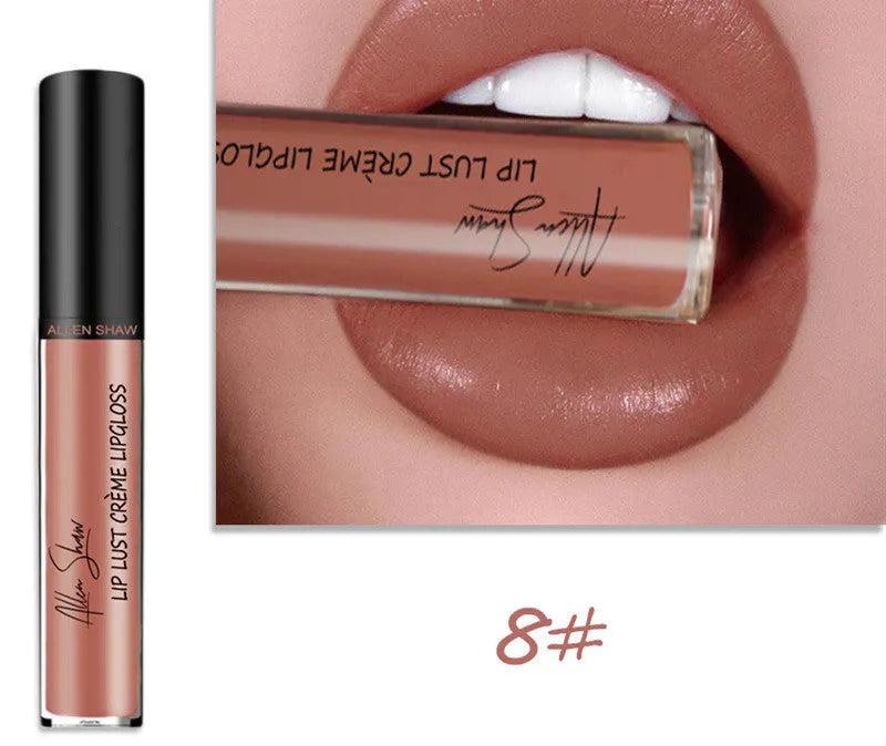 Silky cream texture lip gloss in a choice of 12 colours, shown with mineral-based ingredients.