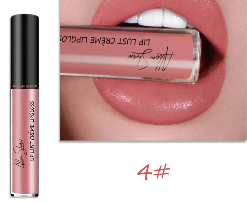Silky cream texture lip gloss in a choice of 12 colours, shown with mineral-based ingredients.
