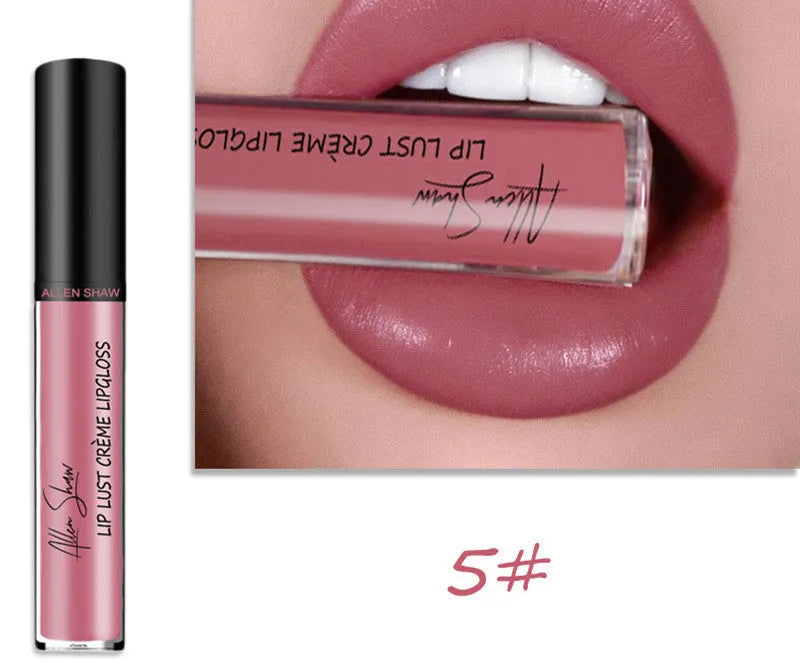 Silky cream texture lip gloss in a choice of 12 colours, shown with mineral-based ingredients.