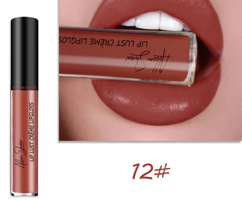 Silky cream texture lip gloss in a choice of 12 colours, shown with mineral-based ingredients.