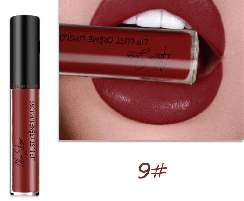 Silky cream texture lip gloss in a choice of 12 colours, shown with mineral-based ingredients.