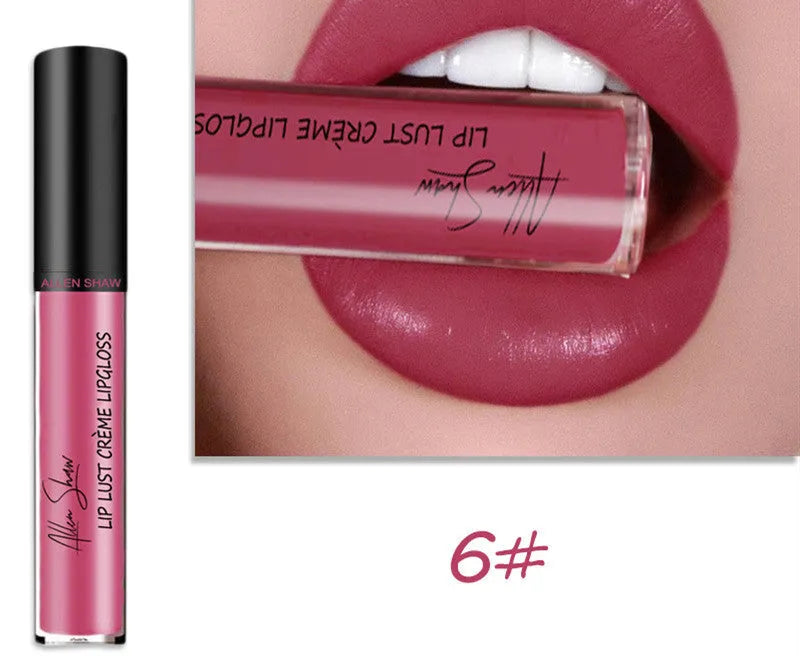 Silky cream texture lip gloss in a choice of 12 colours, shown with mineral-based ingredients.