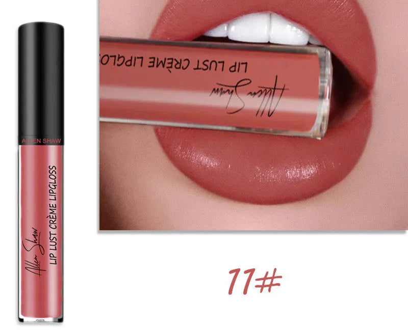 Silky cream texture lip gloss in a choice of 12 colours, shown with mineral-based ingredients.