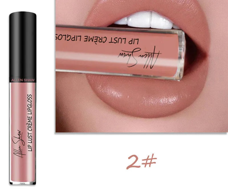 Silky cream texture lip gloss in a choice of 12 colours, shown with mineral-based ingredients.
