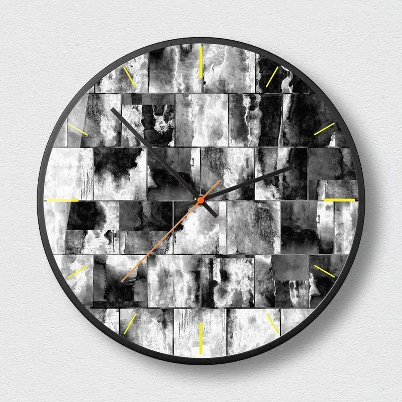 Round abstract art wall clock with metal frame in Mysterious Black, showing one of six available pattern designs.