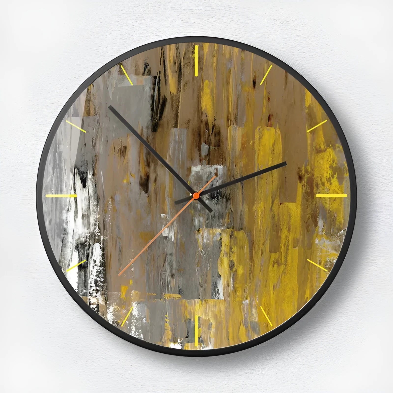 Round abstract art wall clock with metal frame in Mysterious Black, showing one of six available pattern designs.