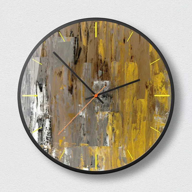 Round abstract art wall clock with metal frame in Mysterious Black, showing one of six available pattern designs.