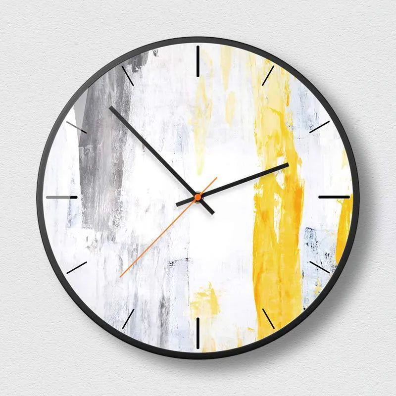 Round abstract art wall clock with metal frame in Mysterious Black, showing one of six available pattern designs.
