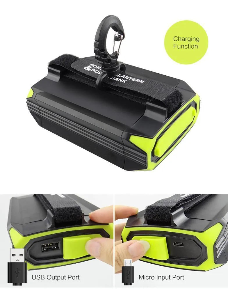 Green dimming rechargeable camping light with 6000mAh power bank function and LED bulb for tent use