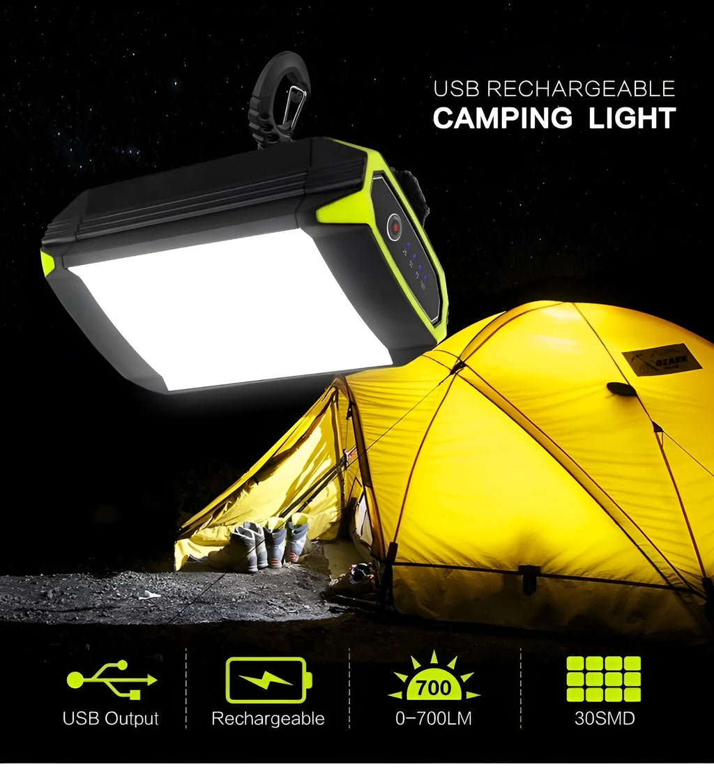 Green dimming rechargeable camping light with 6000mAh power bank function and LED bulb for tent use