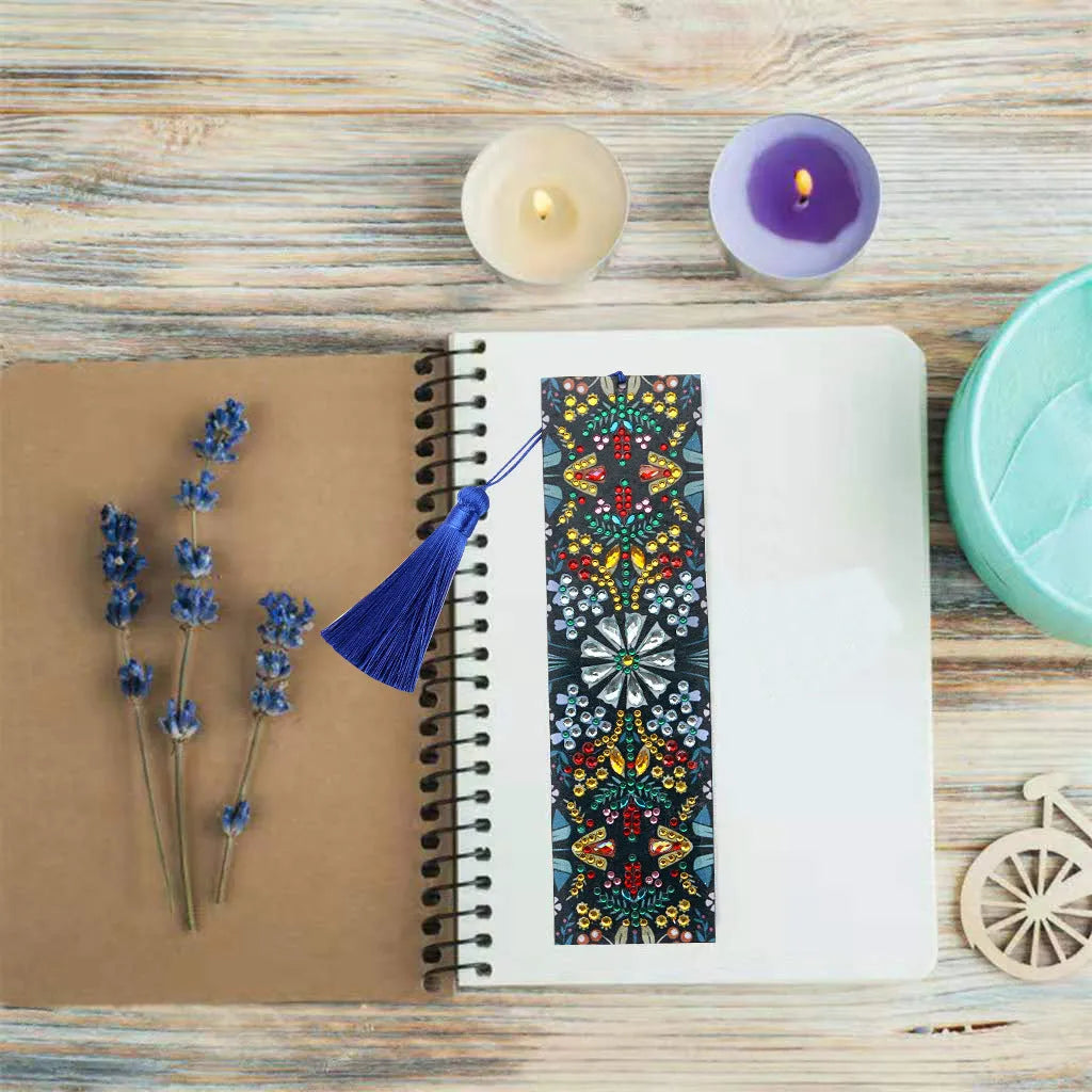 Leather bookmark with hand-embroidered special-shaped diamond mandala flower design