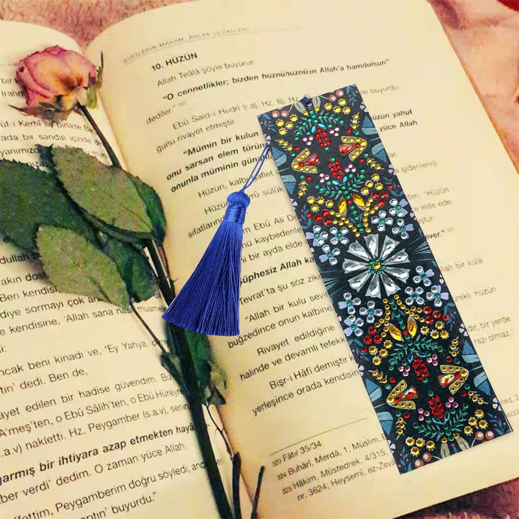 Leather bookmark with hand-embroidered special-shaped diamond mandala flower design