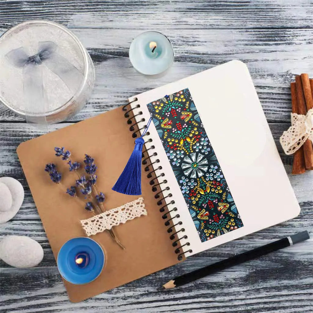 Leather bookmark with hand-embroidered special-shaped diamond mandala flower design