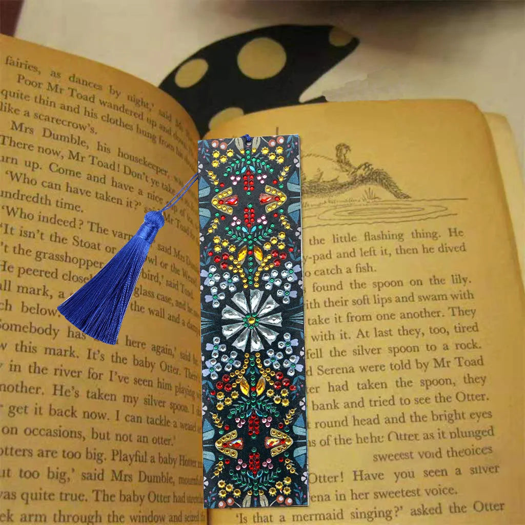 Leather bookmark with hand-embroidered special-shaped diamond mandala flower design