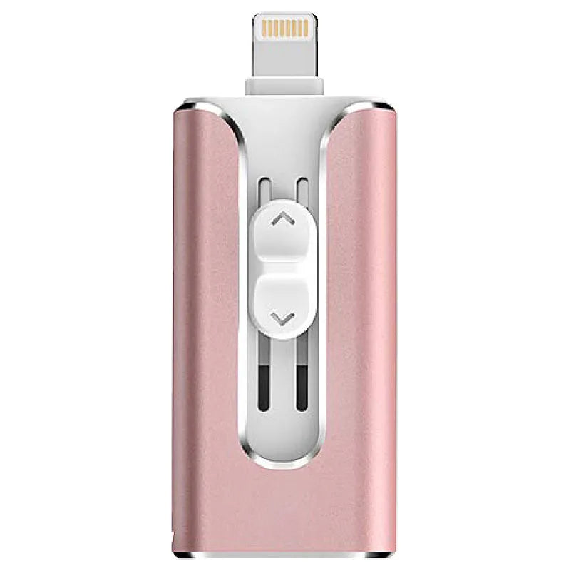 Metal dual-interface USB flash drive with Lightning and USB connectors in black, silver, or gold.